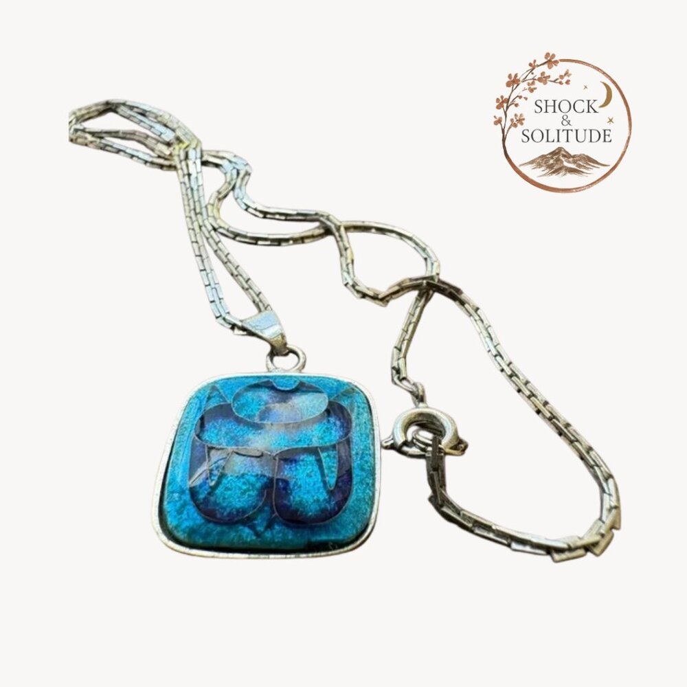 Vintage 1940s -1950s Sterling Silver Egyptian Revival Scarab Enamel Necklace✨